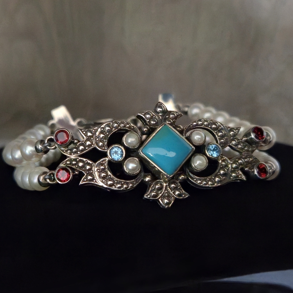 Nicky Butler 925 Sterling Silver Turquoise Pearl Garnet Topaz Designer Bracelet - Picture 16 of 16